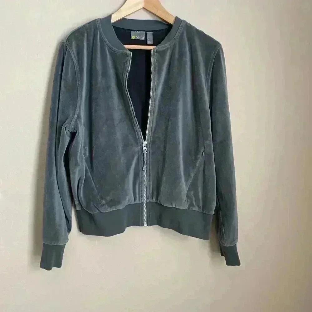 Zella Velvet Bomber Jacket Size Medium Green